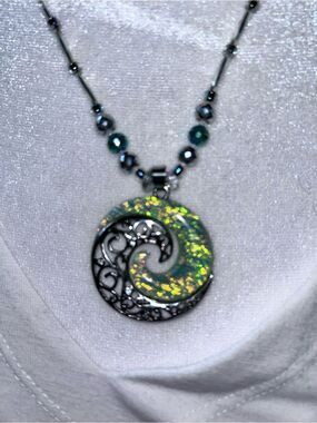 Green & silver  Swirl Pendant w/ Teal Bead Accents, New, made in Hawaii